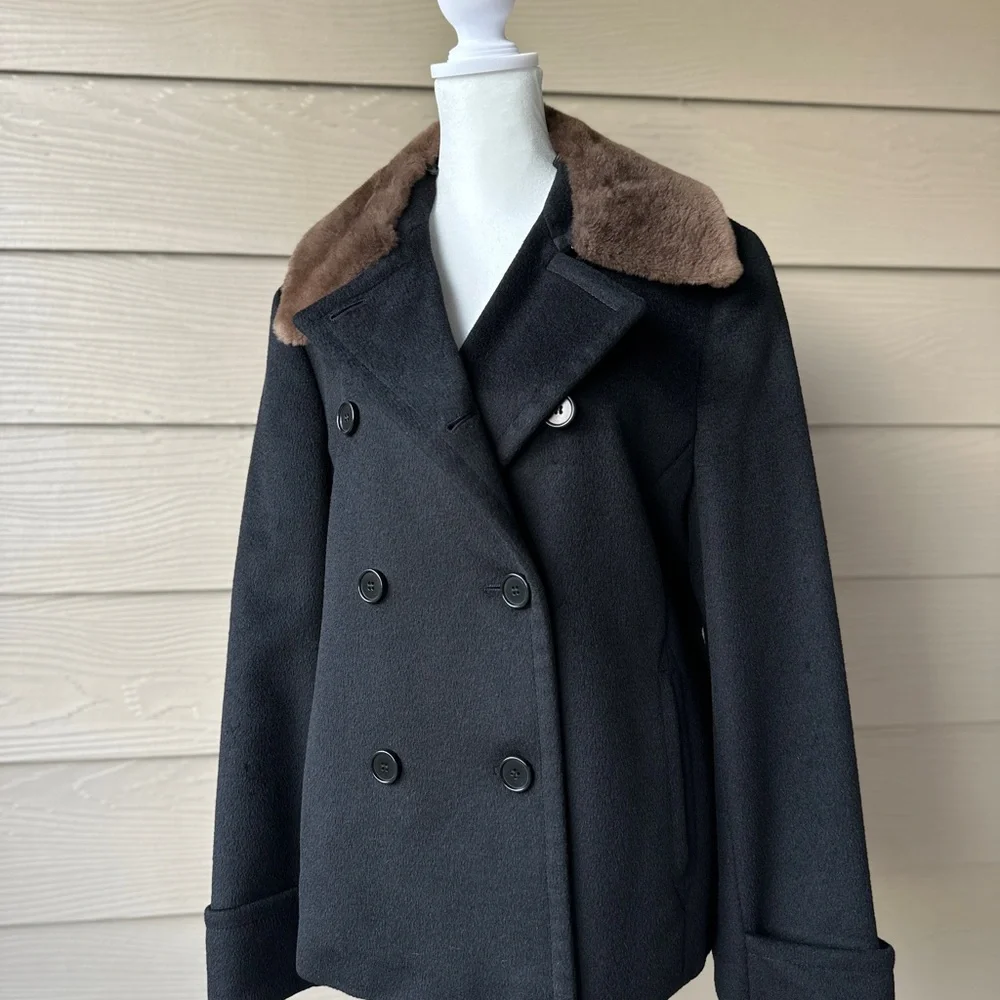MaxMara Camel Hair Jacket Detachable Fur Collar Black Italy Woman’s Size 10 - Picture 1 of 14